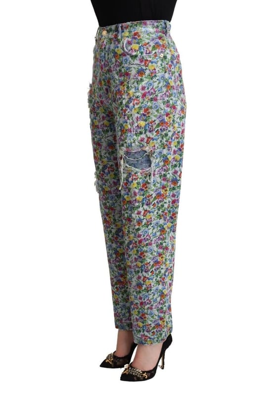 High waisted tapered denim jeans
  All over floral print
  Made in Italy
  Regular fit
  Zipper and button closure
  Logo details
  Material: 98% Cotton 2% Elastane