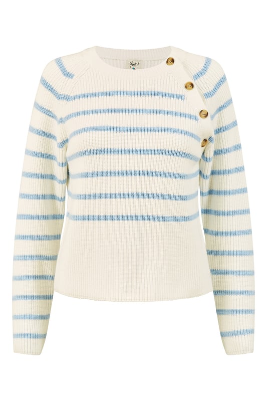 Gorgeous soft pastels for the new season all wrapped up in a cosy, soft and comfortable jumper. In a white and blue stripe, with  button details running from collar to sleeve. Style this with a pair of wide jean trousers for effortless chic.