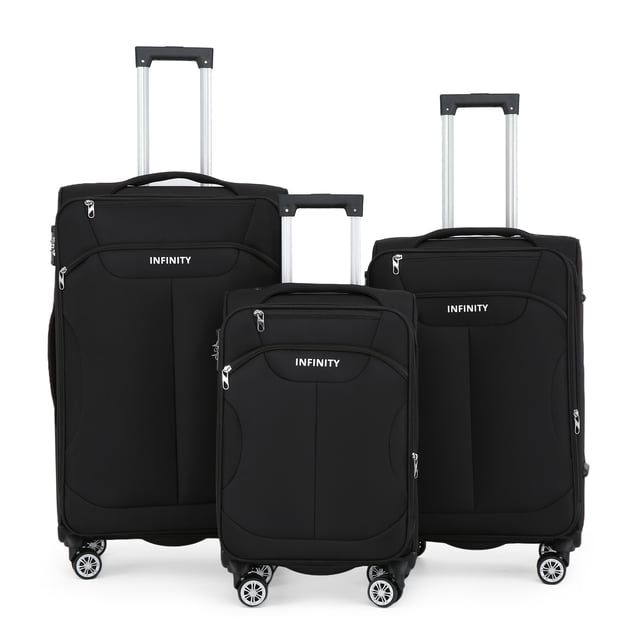 Upgrade uw reisbenodigdheden met de 8-wiel lichtgewicht zwarte koffers, ontworpen voor stijl, duurzaamheid en bruikbaarheid. Deze soft-shell bagageset is gemaakt van hoogwaardig nylon en biedt een strak uiterlijk en uitzonderlijke prestaties voor al uw reizen. Kenmerken: Lichtgewicht nylon materiaal: Duurzaam maar lichtgewicht, waardoor het gemakkelijk te hanteren is en langdurig gebruik garandeert. Soft-Shell ontwerp: Biedt flexibiliteit en veerkracht om schokken tijdens het reizen te absorberen. Veilig TSA-slot: Houdt uw bezittingen veilig en TSA-conform voor naadloze veiligheidscontroles op de luchthaven. 4X dubbele wielen met 360° mobiliteit: Zorgt voor moeiteloze manoeuvreerbaarheid over verschillende oppervlakken. Ergonomische telescopische handgreep: Ontworpen voor comfort en eenvoudige bediening. Georganiseerd interieur: Inclusief spanriemen, compartimenten met rits en gaasverdelers voor probleemloos inpakken. Beschikbare maten en specificaties: Cabine: Afmetingen: 36,5 x 23,5 x 58 cm Gewicht: 2,50 kg Capaciteit: 43L Medium: Afmetingen: 42 x 26 x 67 cm Gewicht: 3,40 kg Capaciteit: 64L Groot: Afmetingen: 48 x 30 x 76 cm Gewicht: 4,30 kg Capaciteit: 98L Deze veelzijdige koffers zijn perfect voor alle soorten reizen, of het nu een korte reis of een langere vakantie is. Het strakke zwarte ontwerp zorgt voor tijdloze elegantie, terwijl de lichtgewicht constructie en geavanceerde functies ongeëvenaard gemak bieden. - Let op: Selecteer de gewenste maat. Maten worden afzonderlijk verkocht, niet in sets.
