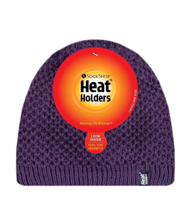 Finding a hat that combines innovative insulation technology with style is always difficult when shopping for items to keep you warm and cosy for the winter weather. These Heat Holders Nora styled heatweaver hats eradicate that problem, meaning you can look fabulously fashionable whilst keeping super warm. These ladies hats have a fleece plush insulating lining, called Heatweaver, that is even more effective at holding warm air than any regular lining. This lining is designed to be soft with a luxurious feel whilst holding warm air close to your skin, effectively keeping the cold air out. All of this is designed to ensure that you are toasty warm throughout the cold weather. The knit is different from previous Heat Holders, with a loosely knit look as opposed to the traditional cable knit look. These ladies Heat Holders Nora styled hats are available in 5 colours. They come in one size and they are machine washable. Light Grey and Rose: 54% Polyester, 46% Acrylic outer / 100% Polyester lining. Black. Purple, Cream: 100% Acrylic outer / 100% Polyester lining.