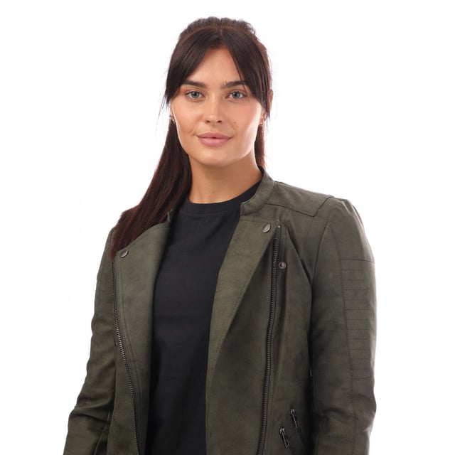 Womens Only Ava Faux Leather Jacket in green.- Biker collar.- Asymmetrical zip fastening.- Side pockets with zip fastening.- Mock zip detail at chest and above left pocket.- Snap fastening at lapels.- Stitch detail at shoulders and sleeves.- Zipped cuffs.- Fully lined.- Tight fit.- 85% Polyester  15% Cotton.- Ref: 15102997E