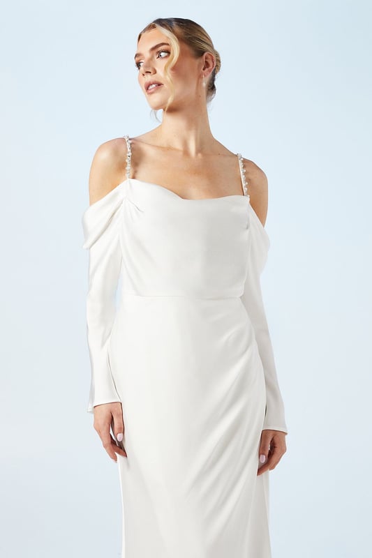 Shoulder Cowl Neck Off Shoulder Maxi Dress White Giselle Satin