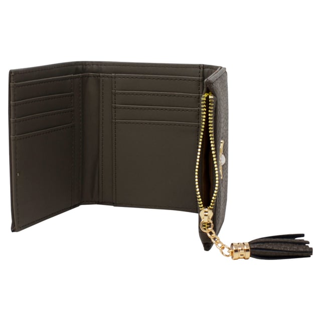 Black Purse with Bee Emblem
Holds 10 Cards, Notes and Zipped Coin Purse 
Delivered in Gift Box
H:9cm W:12cm D: 2cm
Material: PU Leather
SKU: HB328702