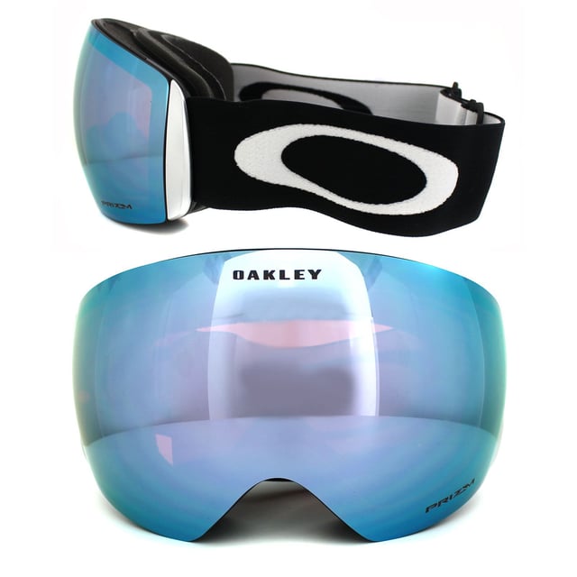 Oakley Ski Goggles Flight Deck OO7050-20 Matt Black Prizm Sapphire Iridium are the latest innovation in ski goggles from Oakley with a large rimless lens design which gives an unbelievably good view in all directions. They feature a ridgelock lens sub-frame attachment to allow lenses to be changed quickly and easily and small frame notches under the strap anchors allow space for normal glasses. Support is given for better airflow and the sleek frame and outrigger design is comfortable and helmet compatible.
