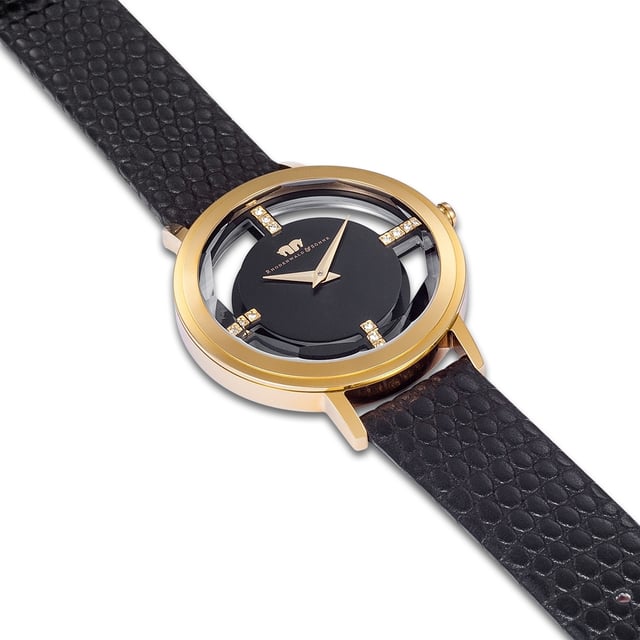 Do you love extravagant watches? Then this women's model from Rhodenwald & Söhne should not be missing in your collection: Reduced functionality combines with a modern interpretation of the skeleton look of traditional watchmaking to an eye-catcher on the wrist. A touch of skin shimmers between the dial and the bezel, bridged by four line indices, decorated with crystals from Swarovski®. The Sunray dial with Dauphine Zehern ensures a fascinating play of light. A scratch-resistant stainless steel housing with yellow gold cladding and a high-quality real leather strap with trendy carbon embossing complete the premium equipment.
