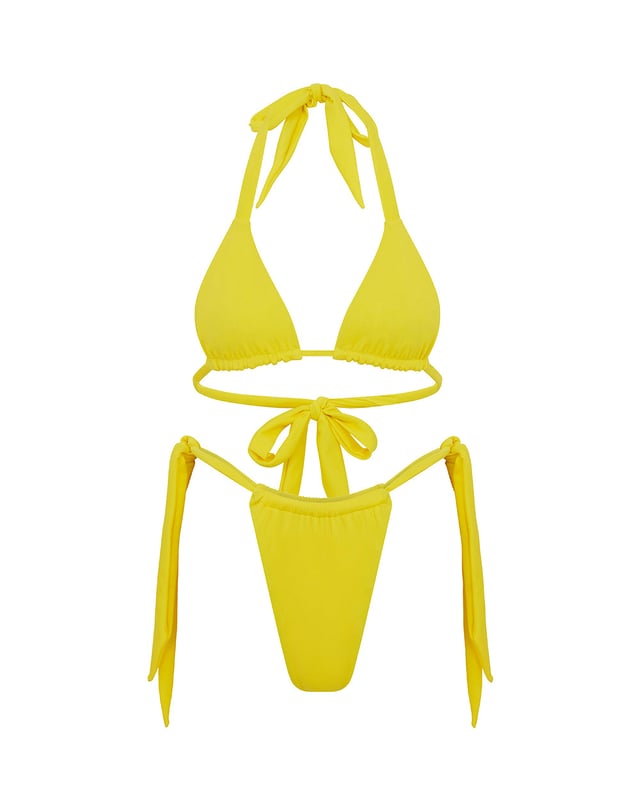 Designed to be worn to be seen, this yellow halterneck triangle bikini top boasts neck and back tie fastenings and drawstring cups for ultimate customisation. Pair with the matching tie-side bikini bottom for full impact.