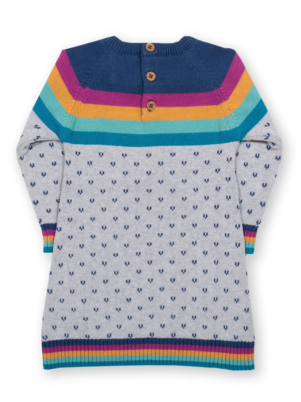 A fabulous midweight knitted dress featuring a stylish intarsia heart design. The lovely rainbow stripe featured on the chest, cuffs, hem and pockets adds some great pops of colour. This dress can be worn for a party or play and will feel cosy all the way! Wear with Kite's matching moonbow tights for a truly super outfit.