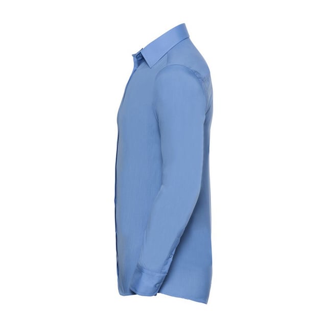 65% Polyester, 35% Cotton. Fabric: Poplin. Design: Plain. Cuff: Adjustable, Double Button. Hem: Curved. Sleeve-Type: Long-Sleeved. Neckline: Semi-Cutaway Boned Collar. Fabric Technology: Lightweight. Back Yoke, Double Folded Seams. Fit: Tailored. 105gsm. Sustainability: Amfori, Better Cotton Initiative, BSCI, Fair Labor Association, Oeko-Tex Standard 100 Certified. Suitable for: Cufflinks, Embroidery.