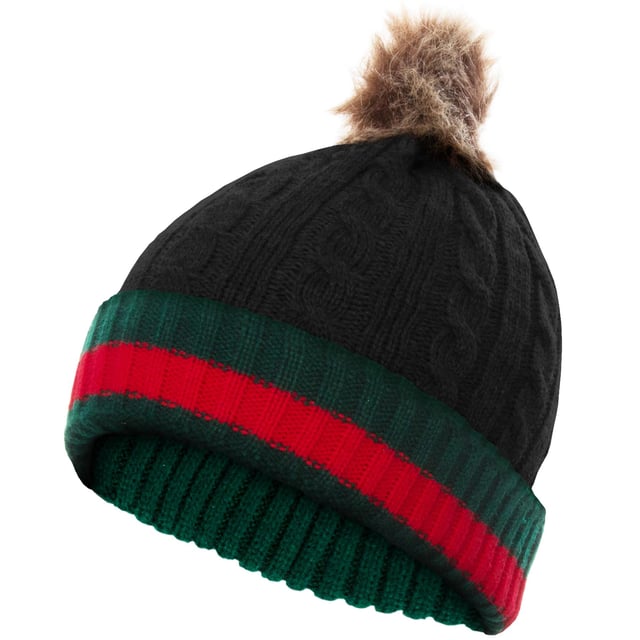 Kruze By Enzo Chunky Cable Knitted Beanie With Stripe Detail And Pom. Perfect Accessory For Outdoor Winter Activities. Ideal To Keep You Warm And Cosy During The Chilly Season.