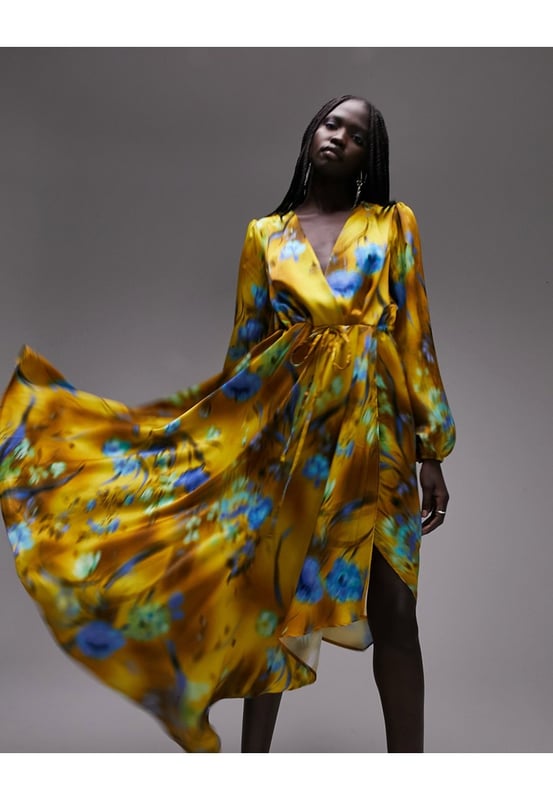 Topshop blurred floral waterfall hem wrap midi occasion dress in