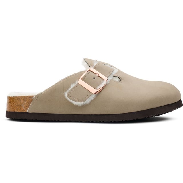 Womens nude Original Penguin poppy slippers, manufactured with suede and a rubber sole. Featuring: grip sole, gold hardware and faux fur lining.