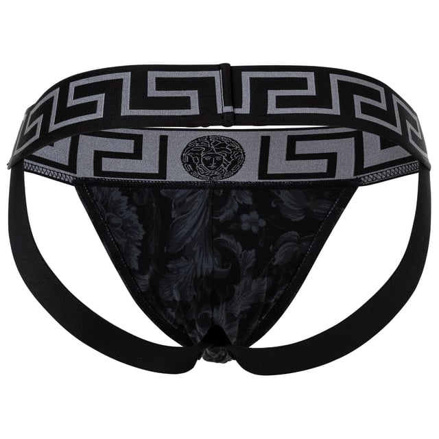 Eleganter Herren Jockstrap der Marke VERSACE. 
Hochwertiger Slip mit Allover Barocco Muster.
Greca-Muster und Medusa-Motiv am elastischen Bund.