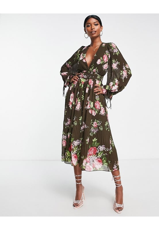Asos design botanical floral shop plunge belted pleated midi dress