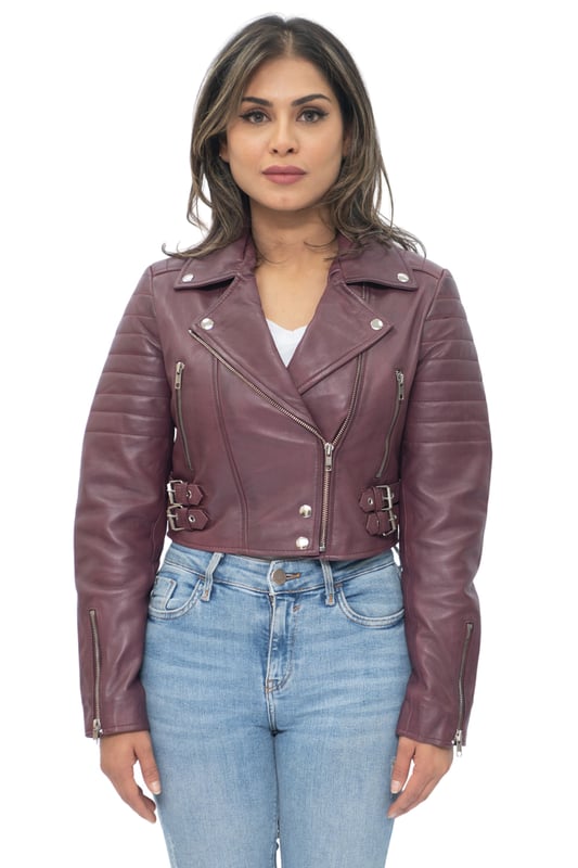 This jacket is made of ultra-soft leather and finished in our premium nappa which sports a contemporary cropped length and form fitting design. We’ve introduced features such as quilted shoulders and extended vertical zip pockets with the intention to give this jacket a distinctive chic look. To ensure comfort when wearing our jacket, we’ve introduced zipped cuffs that allow you to roll the jacket sleeves up and a buckle adjustable waist for tightening to achieve your desired look and feel. In classic Brando style this jacket features a wide notched lapel which has been a staple addition for adding flair to any jacket style. • 100% premium ultra-soft nappa leather • Premium Satin lining • Furnished with off centred YKK zip fastening and wide notched lapel • Features 2 zipped exterior pockets and quilted detailing.