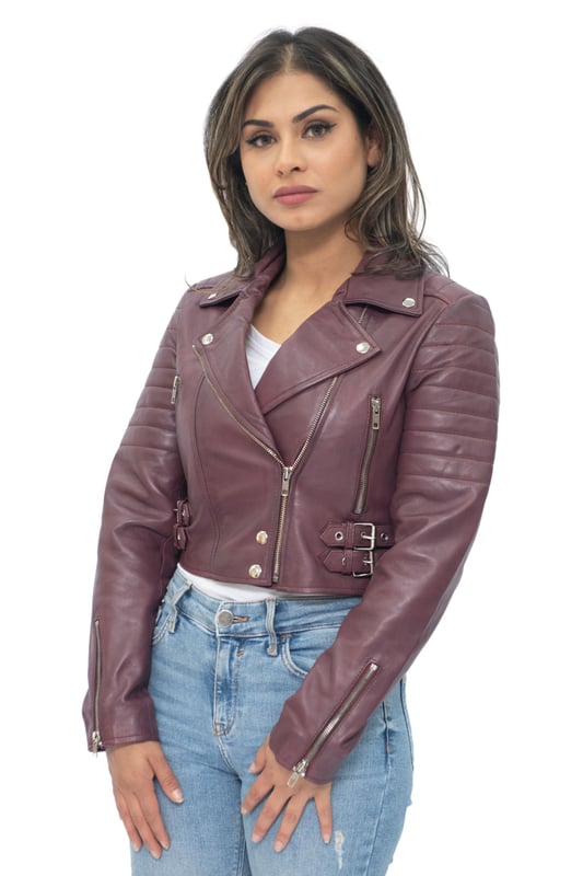 This jacket is made of ultra-soft leather and finished in our premium nappa which sports a contemporary cropped length and form fitting design. We’ve introduced features such as quilted shoulders and extended vertical zip pockets with the intention to give this jacket a distinctive chic look. To ensure comfort when wearing our jacket, we’ve introduced zipped cuffs that allow you to roll the jacket sleeves up and a buckle adjustable waist for tightening to achieve your desired look and feel. In classic Brando style this jacket features a wide notched lapel which has been a staple addition for adding flair to any jacket style. • 100% premium ultra-soft nappa leather • Premium Satin lining • Furnished with off centred YKK zip fastening and wide notched lapel • Features 2 zipped exterior pockets and quilted detailing.