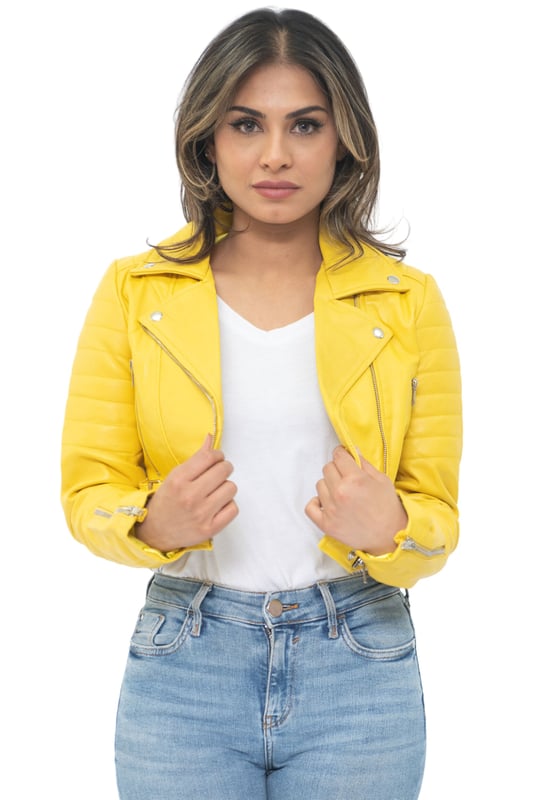 This jacket is made of ultra-soft leather and finished in our premium nappa which sports a contemporary cropped length and form fitting design. We’ve introduced features such as quilted shoulders and extended vertical zip pockets with the intention to give this jacket a distinctive chic look. To ensure comfort when wearing our jacket, we’ve introduced zipped cuffs that allow you to roll the jacket sleeves up and a buckle adjustable waist for tightening to achieve your desired look and feel. In classic Brando style this jacket features a wide notched lapel which has been a staple addition for adding flair to any jacket style. • 100% premium ultra-soft nappa leather • Premium Satin lining • Furnished with off centred YKK zip fastening and wide notched lapel • Features 2 zipped exterior pockets and quilted detailing