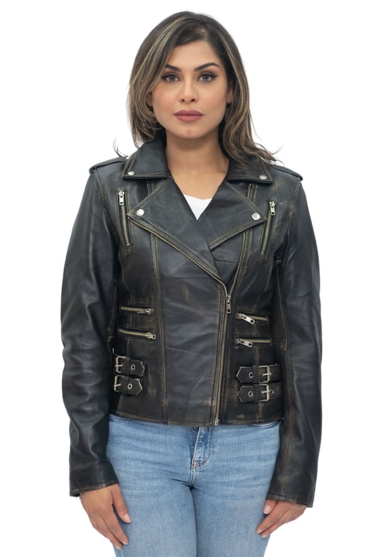 This double-breasted biker jacket is one our best sellers due to its sleek features and silhouette which create a distinctly stylish appearance. The jacket front is furnished with a variety of zip pockets for added storage and characterisation, and additionally features a flamboyant wide notched lapel and shoulder epaulettes both of which can be fastened down with press studs. Buckle tabs are featured at the hips for added comfort and to create a tapered appearance that is complimented by the slim fitting and shortened design of this jacket. We feature this jacket in a huge variety of colours so that you can pick this piece up in whatever style suits your preference. • 100% premium ultra-soft nappa leather • Premium Polyester blend lining • Furnished with off centred YKK zip fastening and wide notched lapel • Features 6 zipped exterior pockets and adjustable buckle tabs at the hips.