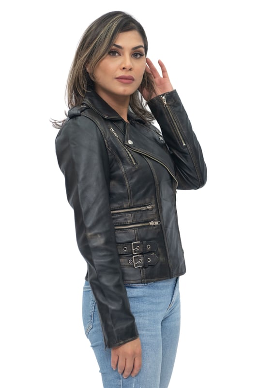 This double-breasted biker jacket is one our best sellers due to its sleek features and silhouette which create a distinctly stylish appearance. The jacket front is furnished with a variety of zip pockets for added storage and characterisation, and additionally features a flamboyant wide notched lapel and shoulder epaulettes both of which can be fastened down with press studs. Buckle tabs are featured at the hips for added comfort and to create a tapered appearance that is complimented by the slim fitting and shortened design of this jacket. We feature this jacket in a huge variety of colours so that you can pick this piece up in whatever style suits your preference. • 100% premium ultra-soft nappa leather • Premium Polyester blend lining • Furnished with off centred YKK zip fastening and wide notched lapel • Features 6 zipped exterior pockets and adjustable buckle tabs at the hips.