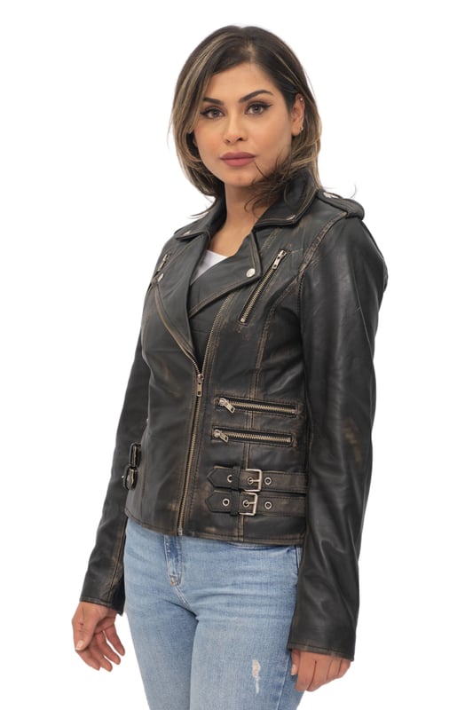 This double-breasted biker jacket is one our best sellers due to its sleek features and silhouette which create a distinctly stylish appearance. The jacket front is furnished with a variety of zip pockets for added storage and characterisation, and additionally features a flamboyant wide notched lapel and shoulder epaulettes both of which can be fastened down with press studs. Buckle tabs are featured at the hips for added comfort and to create a tapered appearance that is complimented by the slim fitting and shortened design of this jacket. We feature this jacket in a huge variety of colours so that you can pick this piece up in whatever style suits your preference. • 100% premium ultra-soft nappa leather • Premium Polyester blend lining • Furnished with off centred YKK zip fastening and wide notched lapel • Features 6 zipped exterior pockets and adjustable buckle tabs at the hips.