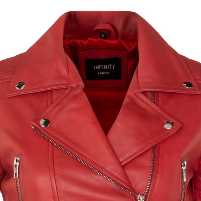 This jacket is made of ultra-soft leather and finished in our premium nappa which sports a contemporary cropped length and form fitting design. We’ve introduced features such as quilted shoulders and extended vertical zip pockets with the intention to give this jacket a distinctive chic look. To ensure comfort when wearing our jacket, we’ve introduced zipped cuffs that allow you to roll the jacket sleeves up and a buckle adjustable waist for tightening to achieve your desired look and feel. In classic Brando style this jacket features a wide notched lapel which has been a staple addition for adding flair to any jacket style. • 100% premium ultra-soft nappa leather • Premium Satin lining • Furnished with off centred YKK zip fastening and wide notched lapel • Features 2 zipped exterior pockets and quilted detailing