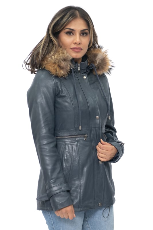 A chic parka which offers a more straightforward look than our Brussels style, for those who prefer more minimalistic and sophisticated fashion. This jacket comes with a fur lined hood, great for the winter due to its warmth and comfort whilst being a stylish addition to this piece. This jacket features a button fastened fly over the YKK zip closure which creates a more classic aesthetic. We’ve also added buckles to the cuffs for added adjustability to ensure that the sleeves remain breathable during all day use, as well as two extended horizontal zips that runs across the waist to provide plenty of storage. • 100% premium ultra-soft nappa leather • Features detachable fur hood, two large exterior pockets and adjustable cuffs • High funnel collar which can be fastened with a full length YKK zipper