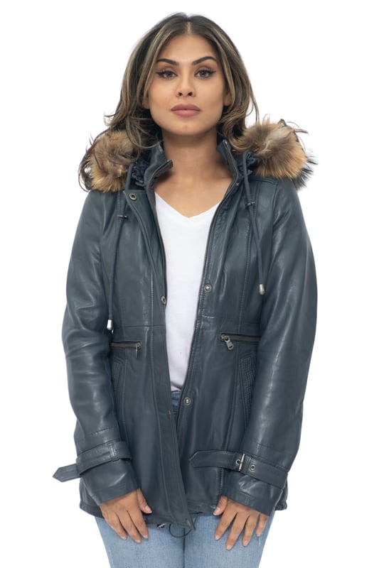 A chic parka which offers a more straightforward look than our Brussels style, for those who prefer more minimalistic and sophisticated fashion. This jacket comes with a fur lined hood, great for the winter due to its warmth and comfort whilst being a stylish addition to this piece. This jacket features a button fastened fly over the YKK zip closure which creates a more classic aesthetic. We’ve also added buckles to the cuffs for added adjustability to ensure that the sleeves remain breathable during all day use, as well as two extended horizontal zips that runs across the waist to provide plenty of storage. • 100% premium ultra-soft nappa leather • Features detachable fur hood, two large exterior pockets and adjustable cuffs • High funnel collar which can be fastened with a full length YKK zipper