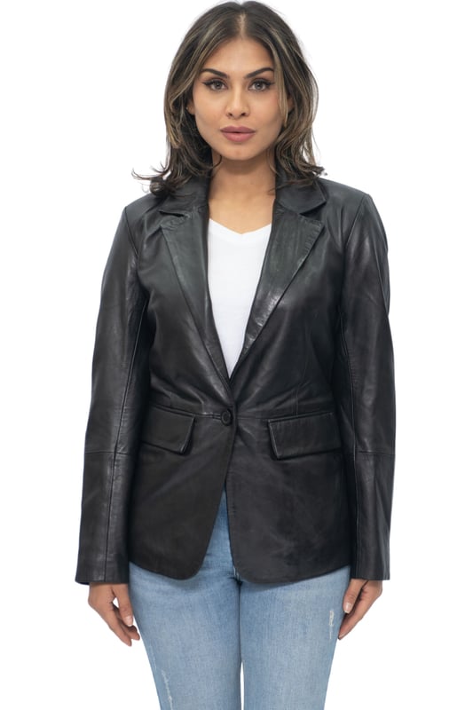 Elevate your style with our Women's Leather Blazer Jacket. Crafted from soft and supple lambs nappa leather, this jacket offers a luxurious and comfortable feel. It features two exterior waist pockets for a touch of functionality and added style. Available in two stunning colours, this jacket allows you to express your personal taste. The collar showcases notched lapels, adding a sophisticated touch to the overall design. With a one-button closure, this blazer-style jacket exudes elegance and versatility. Whether you're heading to the office or going out for a night on the town, our women's leather blazer jacket is the perfect choice.  • Soft and supple lambs nappa leather construction • Two exterior waist pockets for a touch of functionality • Available in two stunning colours • Notched lapels on the collar for a sophisticated look • One-button closure for elegance and versatility.