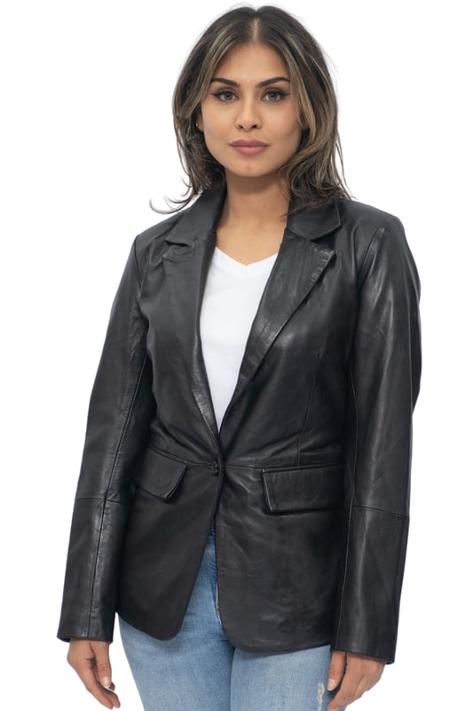 Elevate your style with our Women's Leather Blazer Jacket. Crafted from soft and supple lambs nappa leather, this jacket offers a luxurious and comfortable feel. It features two exterior waist pockets for a touch of functionality and added style. Available in two stunning colours, this jacket allows you to express your personal taste. The collar showcases notched lapels, adding a sophisticated touch to the overall design. With a one-button closure, this blazer-style jacket exudes elegance and versatility. Whether you're heading to the office or going out for a night on the town, our women's leather blazer jacket is the perfect choice.  • Soft and supple lambs nappa leather construction • Two exterior waist pockets for a touch of functionality • Available in two stunning colours • Notched lapels on the collar for a sophisticated look • One-button closure for elegance and versatility.