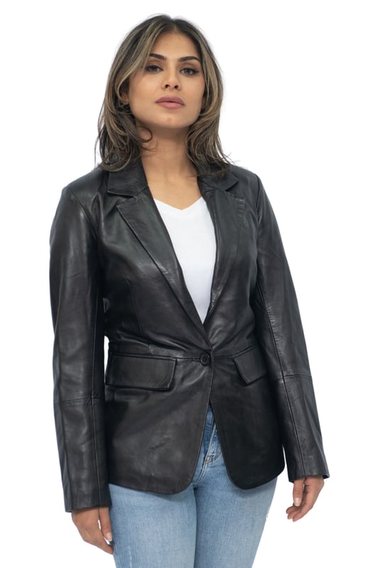 Elevate your style with our Women's Leather Blazer Jacket. Crafted from soft and supple lambs nappa leather, this jacket offers a luxurious and comfortable feel. It features two exterior waist pockets for a touch of functionality and added style. Available in two stunning colours, this jacket allows you to express your personal taste. The collar showcases notched lapels, adding a sophisticated touch to the overall design. With a one-button closure, this blazer-style jacket exudes elegance and versatility. Whether you're heading to the office or going out for a night on the town, our women's leather blazer jacket is the perfect choice.  • Soft and supple lambs nappa leather construction • Two exterior waist pockets for a touch of functionality • Available in two stunning colours • Notched lapels on the collar for a sophisticated look • One-button closure for elegance and versatility.