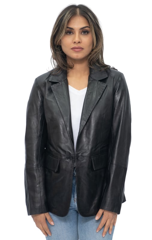 Elevate your style with our Women's Leather Blazer Jacket. Crafted from soft and supple lambs nappa leather, this jacket offers a luxurious and comfortable feel. It features two exterior waist pockets for a touch of functionality and added style. Available in two stunning colours, this jacket allows you to express your personal taste. The collar showcases notched lapels, adding a sophisticated touch to the overall design. With a one-button closure, this blazer-style jacket exudes elegance and versatility. Whether you're heading to the office or going out for a night on the town, our women's leather blazer jacket is the perfect choice.  • Soft and supple lambs nappa leather construction • Two exterior waist pockets for a touch of functionality • Available in two stunning colours • Notched lapels on the collar for a sophisticated look • One-button closure for elegance and versatility.