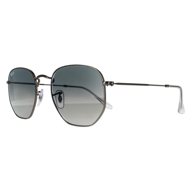 Ray-Ban Sunglasses Hexagonal RB3548N 004/71 Gunmetal Dark Grey Gradient are a very unique hexagonal shaped frame and feature the latest flat crystal lenses for a updated version of the classic metal round sunglasses. Super thin temples and coined profile to the frame finish the modern fashionable look.
