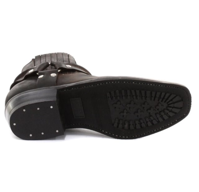 This classy leather boot appears in a low leg silhouette and features a stud detailed tri harness design that wraps around the boot and is connected by a metal ring. The slip-on design of these shoes is enhanced by the use of branded pull-on loops and stitched twin side elasticated gussets that make these boots easy to get on and off. For an added durable quality, the sole of this boot is welted using the Goodyear method, which is known for providing strength and long last to shoes. • Low Leg Harness Boots • Goodyear Welted sole • Shoe upper is crafted from premium leather • Features a soft leather lining • Rubber soles • Made in Mexico