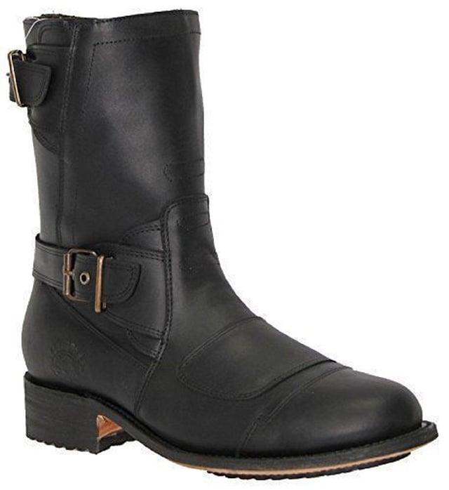 This cowboy style boot appears with a pointed toe, as well as a zip closure with buckles above the heel and at the start of the boot leg for secure fastening. This boot was manufactured with a Grinders proprietary sole unit, that has been heat bonded to the welt using the Goodyear method, which is known for increasing the strength of the boot and ensuring durability for years to come. The sole is also fitted with a unique air cushion that allows for added flexibility and which adds to the long-lasting qualities of this boot. Complete with a comfortable leather interior and exterior this high leg boot is a great piece for adding a stylish touch to your footwear. • Goodyear Welted • High leg silhouette with zip closure • Features stacked heels • Leather upper • Soft Leather lining • Rubber/Leather Soles • Made in Mexico