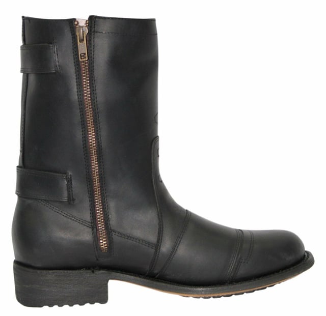 This cowboy style boot appears with a pointed toe, as well as a zip closure with buckles above the heel and at the start of the boot leg for secure fastening. This boot was manufactured with a Grinders proprietary sole unit, that has been heat bonded to the welt using the Goodyear method, which is known for increasing the strength of the boot and ensuring durability for years to come. The sole is also fitted with a unique air cushion that allows for added flexibility and which adds to the long-lasting qualities of this boot. Complete with a comfortable leather interior and exterior this high leg boot is a great piece for adding a stylish touch to your footwear. • Goodyear Welted • High leg silhouette with zip closure • Features stacked heels • Leather upper • Soft Leather lining • Rubber/Leather Soles • Made in Mexico