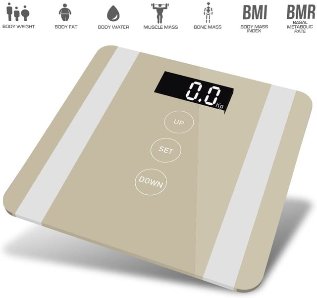 7 in 1 Metallic Body Fat Analyser Scale

- Product Dimensions: 30x30x4cm

- Product Material : metal


- High precision strain gauge sensor
- 6mm tempered safety glass platform
- Backlight LCD 73x27.5mm
- Capacity: 180kg/396lb D= 0.1kg/0.2lb
- Automatic on/off
- Low battery/over load indication

- Power: 2x1.5V AAA batteries