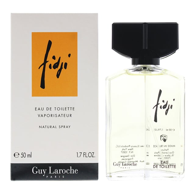 Fidji Eau de Toilette by Guy Laroche is a floral fragrance for women. Top notes: hyacinth, galbanum, iris, bergamot, lemon and tuberose. Middle notes: aldehydes, jasmine, ylang-ylang, cloves, orris, violet, spicy notes and rose. Base notes: oakmoss, vetiver, sandalwood, resins, musk, amber and patchouli. Fidji Eau de Toilette was launched in 1966.