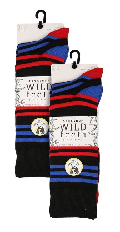 Het aantrekken van een nieuw paar sokken met patroon lijkt je dag altijd een beetje beter en vrolijker te beginnen. Deze Wildfeet sokken met stippen en strepen met bamboemotief vervullen zeker het 'heldere' deel. Elk van deze kleurrijk gemaakte drievoudige pakken herensokken biedt je een keuze uit veelzijdige stijlen die geschikt zijn voor dagelijks gebruik. Deze bamboerijke sokken voelen aan heerlijk tegen de huid, met een gladde en enigszins zijdezachte zachtheid, waardoor ze een waar genot zijn om te dragen. Ze zijn zeer ademend en thermoregulerend voor een constante, comfortabele en koele voetomgeving. Omdat ze van bamboe zijn, kunnen de sokken drie keer meer vocht van de huid opnemen en afvoeren dan katoenen sokken. In combinatie met de natuurlijke bacterieresistentie van bamboe zorgt dit ervoor dat de voeten droog en de huid gezond blijven. Bamboevezels staan ​​bekend om hun niet-irriterende eigenschappen, waardoor ze geschikt zijn voor zelfs de meest gevoelige huid. Met Wildfeet BamboeSokken kun je genieten van ongeëvenaard comfort en gemoedsrust, wetende dat je voeten goed verzorgd worden. Wild Feet is een assortiment sokken met coole ontwerpen, schattige motieven en geweldige sportstijlen - Kies uit een reeks stijlen voor heren en dames, van enkel- tot sneakersokken. Er zijn zelfs nieuwe en grappig stijlen beschikbaar! Ze zijn verkrijgbaar in één maat heren 39-45 EU, zijn gemaakt van 70% viscose (van bamboe), 28% polyester, 2% elastaan ​​en zijn wasbaar in de machine.