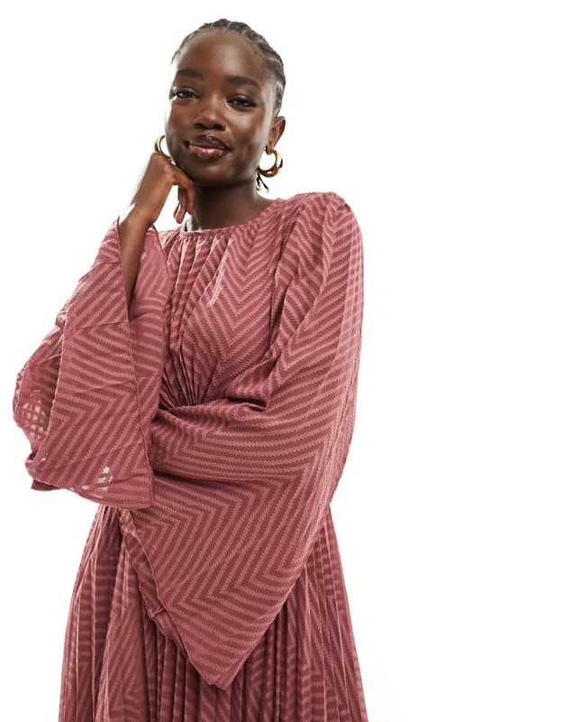 ASOS DESIGN tie back fluted sleeve pleated chevron chiffon midi dress in  rose-Pink