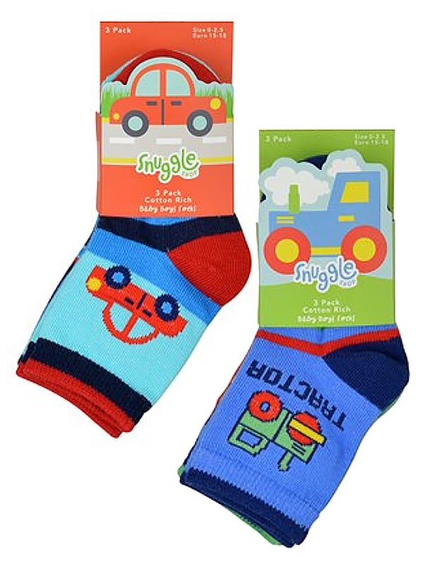 If you need to stock up on the little ones' sock drawer but want to make sure that you’ve got socks to last them as well being soft and comfy for their tiny feet then why not consider these great 6 Pack Cotton Rich Cars & Trucks Socks? Designed with you little boy in mind, these socks come with cute and colourful patterns of cars and trucks on them. With great blues, reds and green patterns, as well as a couple of striped socks, there's plenty for you to choose from in one pack. These baby boy socks are Cotton Rich which will make sure that their feet remain super soft and comfortable throughout the day. These socks come in 6 pairs with 3 patterns of cars & and 3 patterns of trucks on them and are available in 3 sizes: 0-6 Months, 6-12 Months & 12-24 Months. They are made from 78% Cotton; 20% Polyester; 2% Elastane and are Machine Washable.