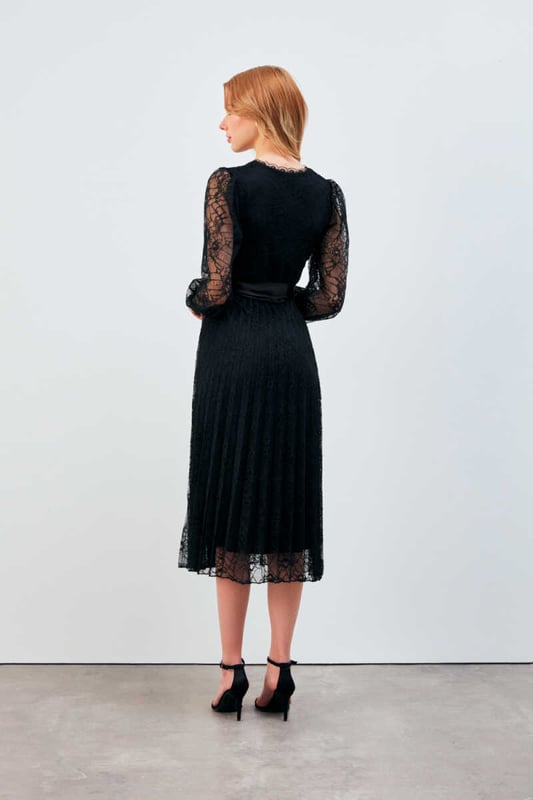 Lace evening dress with pleated skirt discount