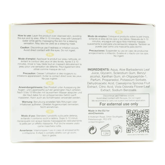 Skin Chemists Advanced Anti-Ageing Epidermal Growth Factor Cell Regrowth Mask 50 is a cutting-edge skincare treatment designed to rejuvenate and revitalise the skin at a cellular level. Infused with potent Epidermal Growth Factor (EGF) technology, this mask is a powerhouse of regenerative properties, known for its ability to stimulate cell renewal and promote a more youthful complexion. It deeply penetrates to infuse essential nutrients, encouraging the skin's natural regeneration process. Over time, this leads to a smoother, firmer, and more supple complexion. The EGF Cell Regrowth Mask 50 is formulated to target the signs of aging, including fine lines, wrinkles, and loss of elasticity. It works to fortify the skin's protective barrier, shielding it from environmental stressors and helping to maintain a youthful, radiant appearance. In addition to its potent EGF technology, this mask is enriched with a blend of advanced skincare ingredients and natural botanical extracts. Together, they enhance the skin's resilience and vitality, providing a revitalising and invigorating experience upon application. This mask is suitable for all skin types and is the perfect addition to any anti-aging skincare routine.