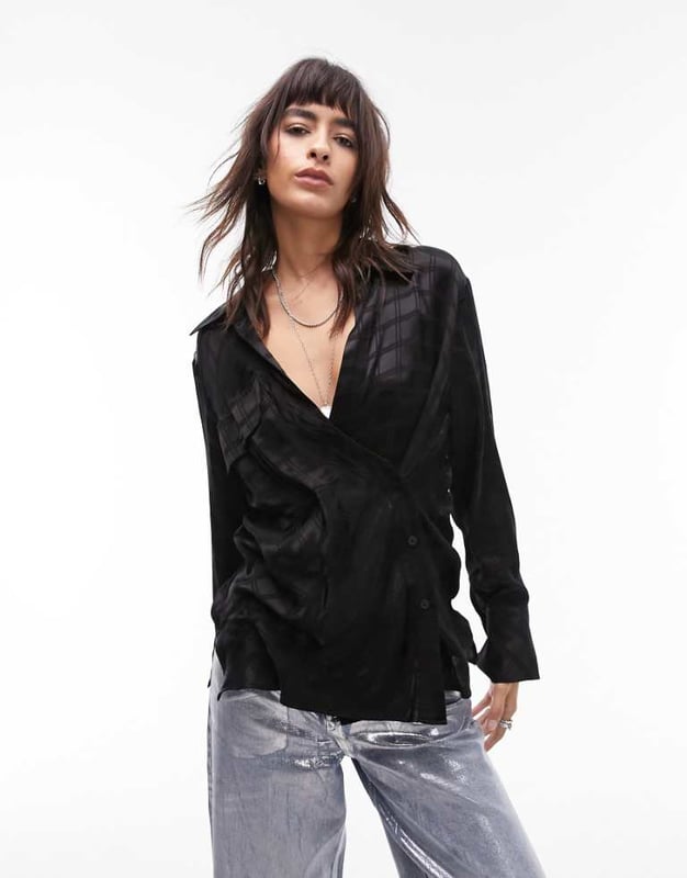 Topshop self check satin shirt in black Tops by Topshop Welcome to the next phase of Topshop Spread collar Wrap front Button placket Chest pocket Regular fitSold By: Asos