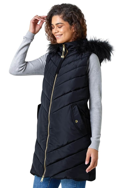 Quilted Faux Fur Hood Longline Gilet
