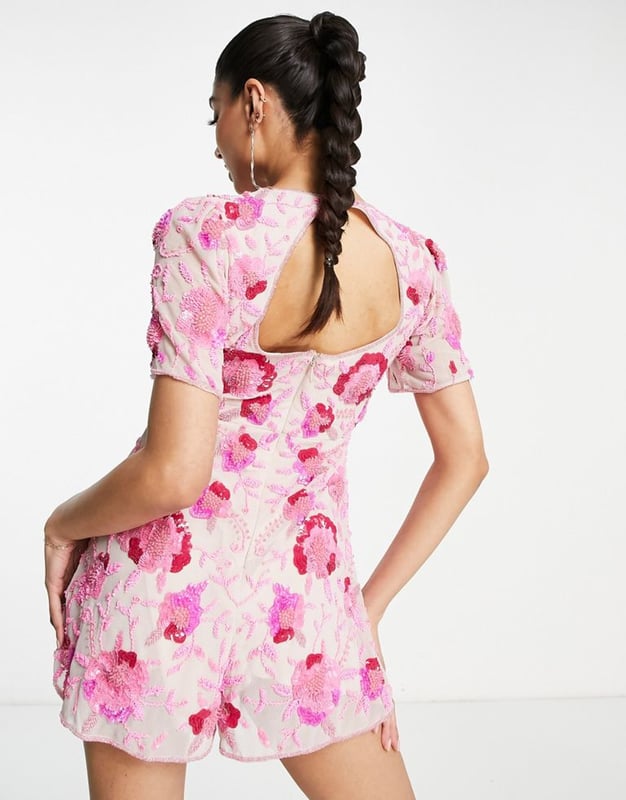 Miss Selfridge Premium sequin angel sleeve backless playsuit in
