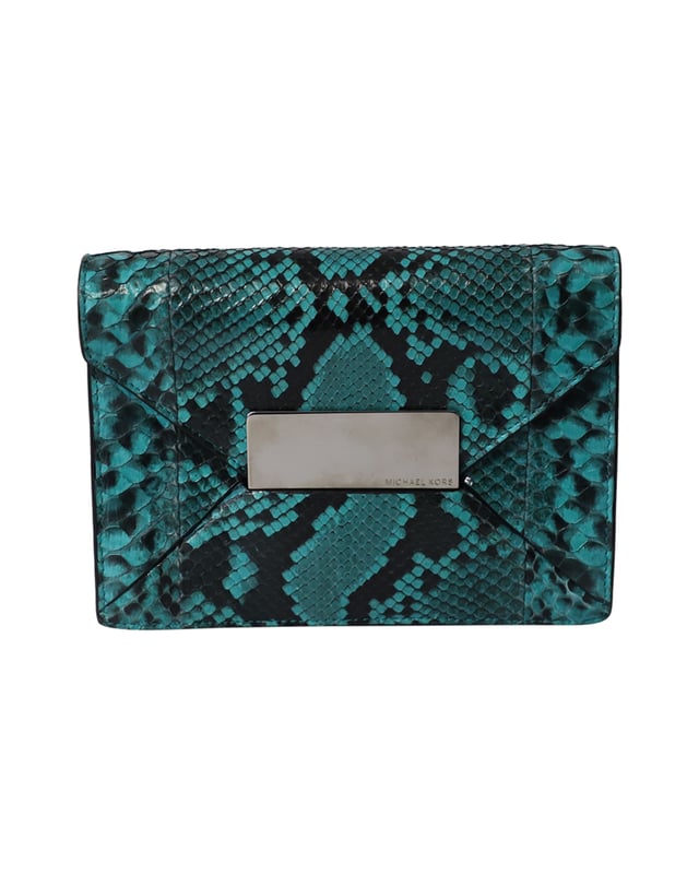 Michael Kors Snakeskin Embossed Clutch Bag in Green Leather