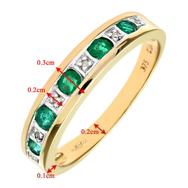Oro amarillo de 9 quilates (375): 2,2 g; # Diamante: 0,02 ct; # Esmeralda: 0.29ct