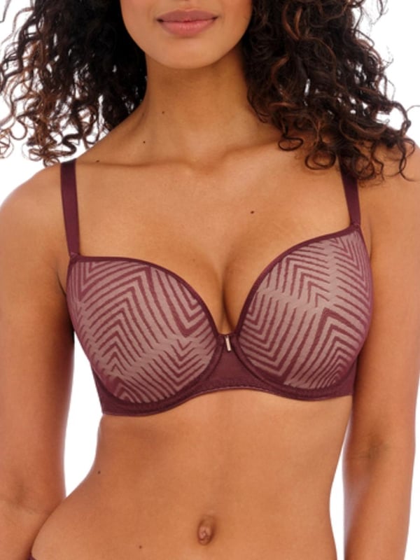Freya Tailored Moulded Plunge Bra. Stretch geo-lace over lay features a flat finish for no show under clothing. This product is recommended as hand wash only.