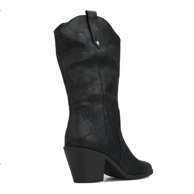 Botas feriare Rocket Dog negras para mujer, fabricadas en sintético y suela sintética. Características: estilo occidental, totalmente forrado, trabillas laterales decorativas, altura del tacón de 7 cm y plantilla de espuma afelpada.