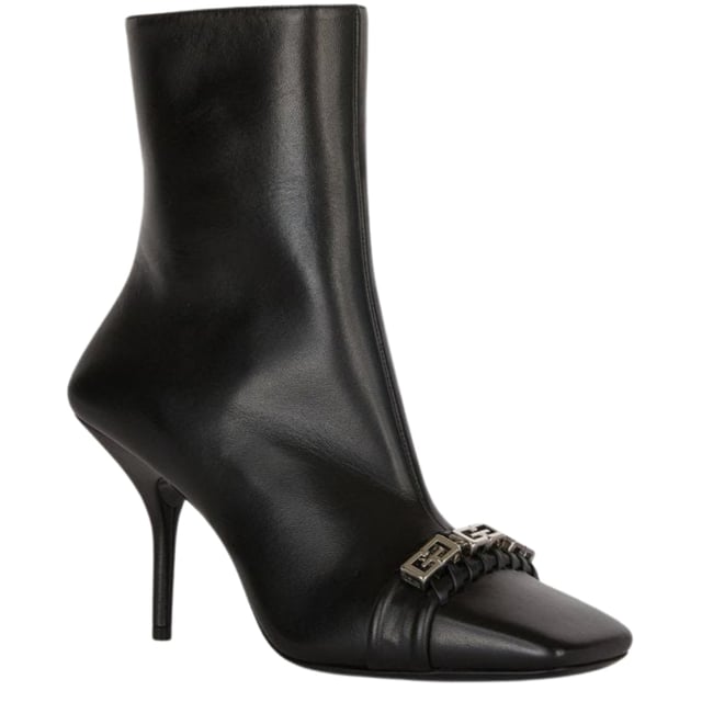 Botin negro, diseo tejido G en la parte delantera de los zapatos, cierre de cremallera, bota con tacon, tacon estilo bota negra, 100% cuero