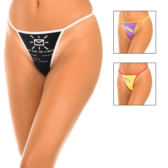 Pack-3 Thongs Marie Claire. 
 Color Pink-lilac-yellow 
 Funny drawings, prints. 
 Comfortable and lightweight fabric. 
 Matching seams. 

 Composition: 
 -95% Cotton - 5% Elastane 

 Care: 
 - Wash at max. 35º. 
 - Do not use bleach. 
 - Do not use dryer. 
 - Do not iron. 
 - Do not dry clean. 

 Composition: 95% Cotton, 5% Elastane
 Care:
- Wash at max temperature. 35º.
 - Do not use bleach.
 - Do not use dryer.
 - Do not iron.
 - Do not dry clean.
